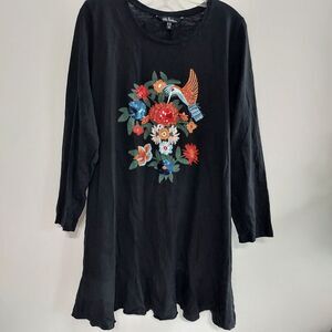 Ulla Popken Black Tunic Top Plus Size Floral Bird Leaves Ruffle Hem Distressed
